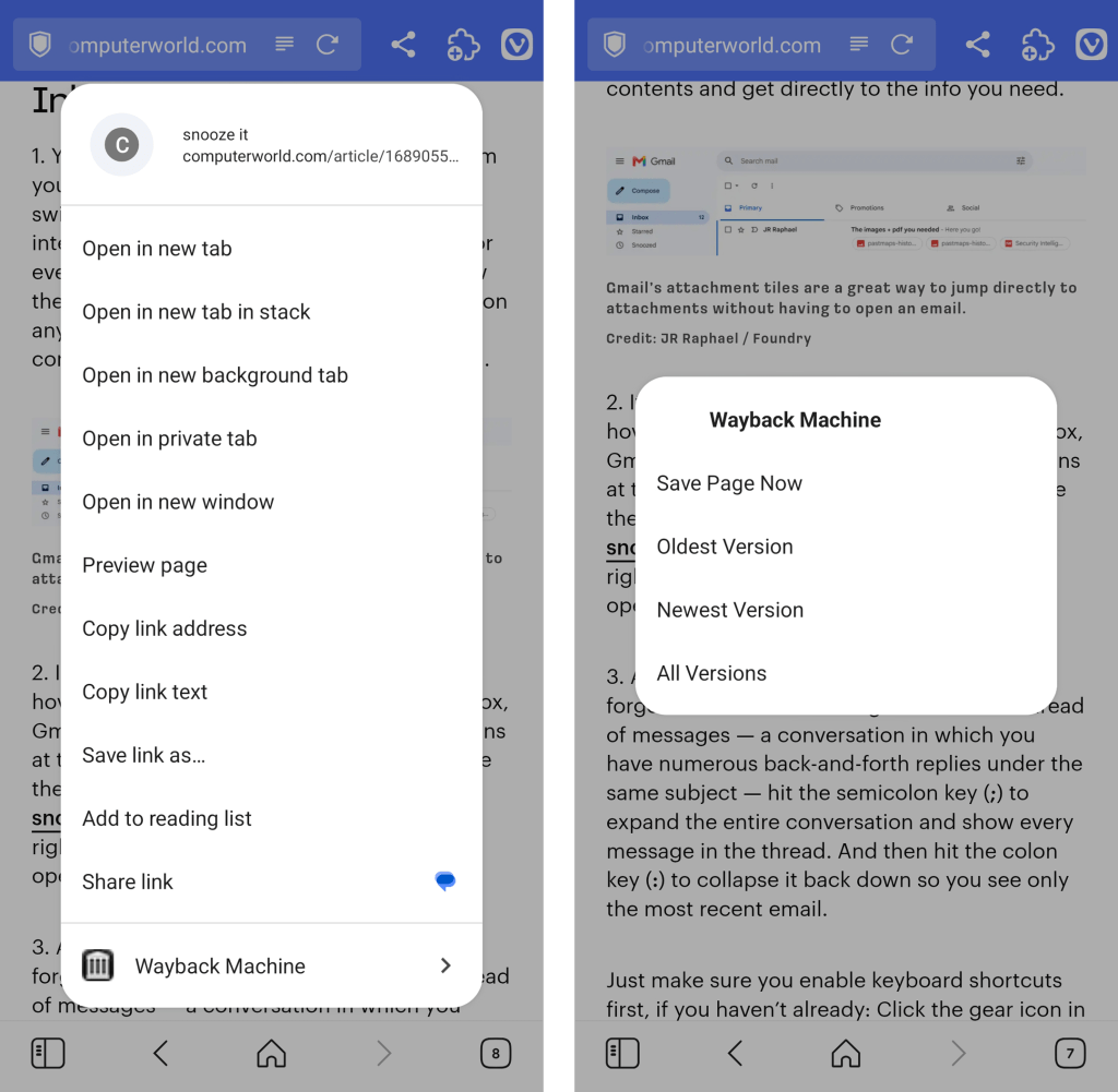 Chrome Android extensions: Wayback Machine