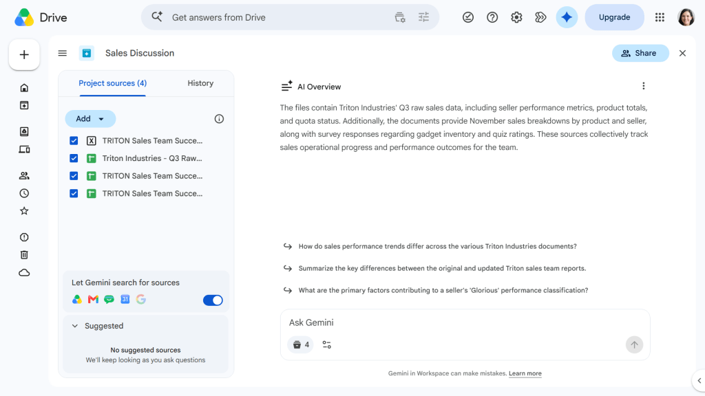 screenshot of google drive project with sources sidebar on left and gemini chat window on right