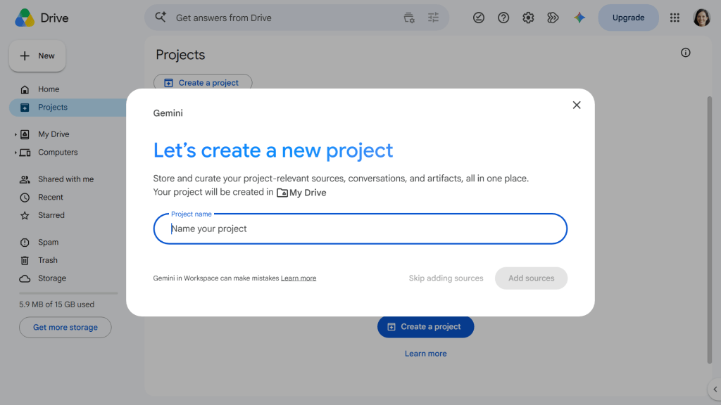 screenshot of google drive with new project pop-up screen