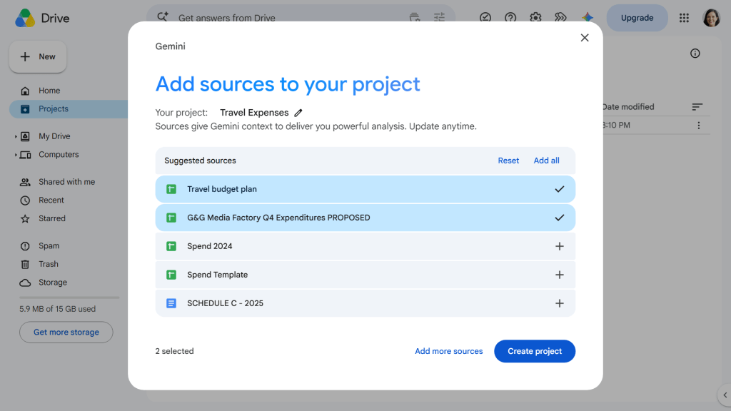 screenshot of add sources screen as you create a new project in google drive