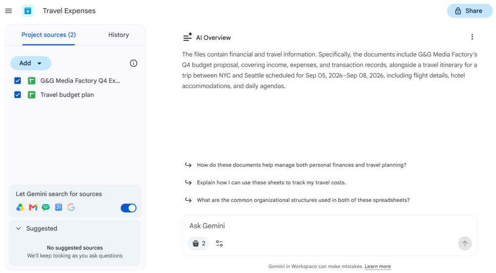 screenshot of google drive project screen with 'let gemini search for sources' toggle turned on