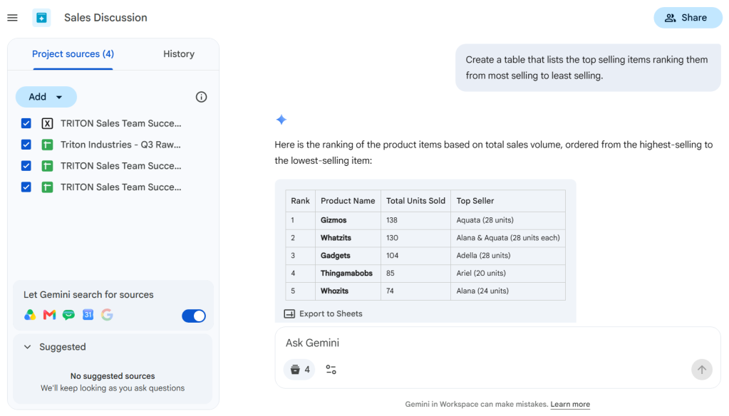 screenshot of drive project window with ai-generated summary table in chat pane at right