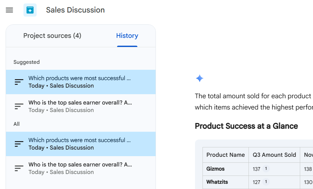 screenshot of history tab in left sidebar on google drive project