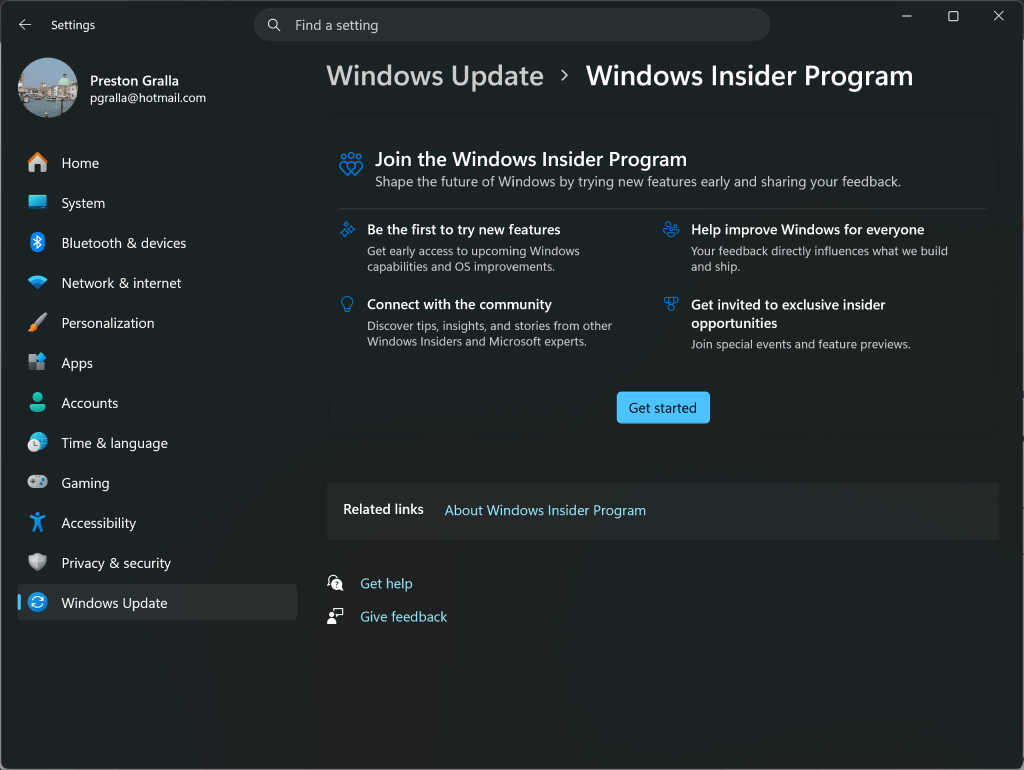 screenshot of initial windows insider program page in windows update