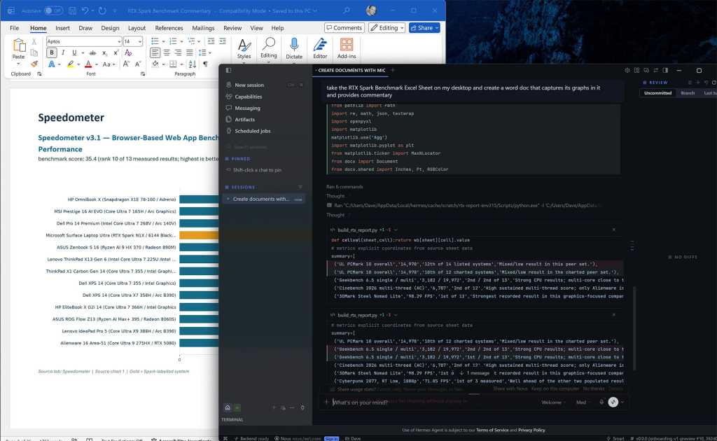 Hermes running Qwen3.8-27B locally on Surface Laptop Ultra, generating a benchmark report.