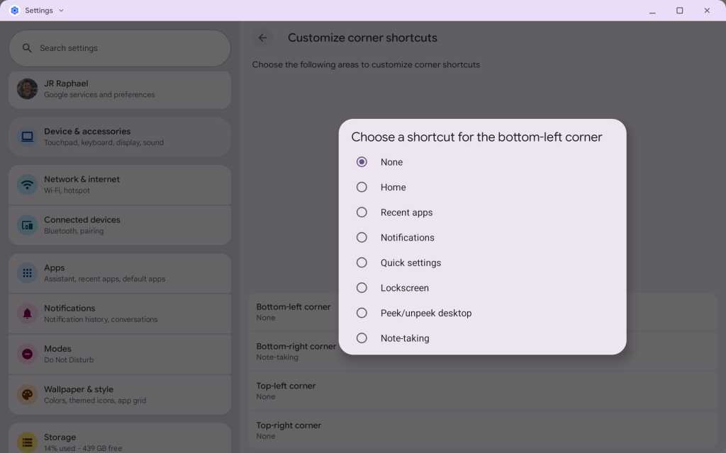 Googlebook features: Corner shortcuts