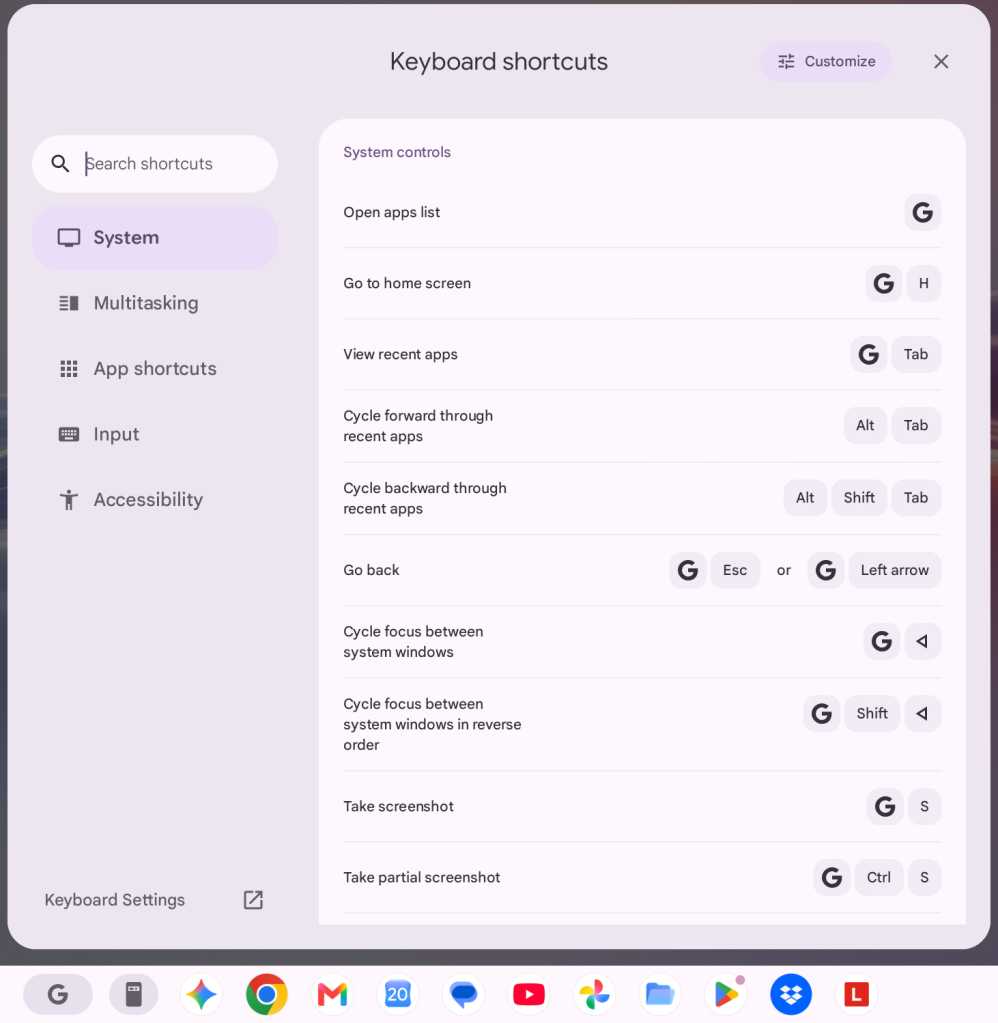 Googlebook features: Keyboard shortcuts