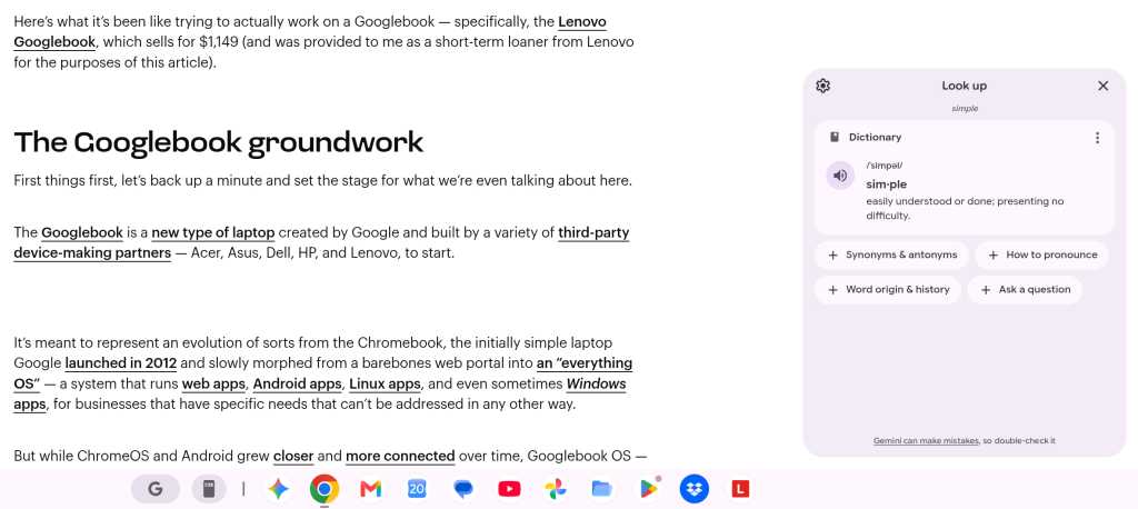screenshot of Googlebook look up feature defining the word simple