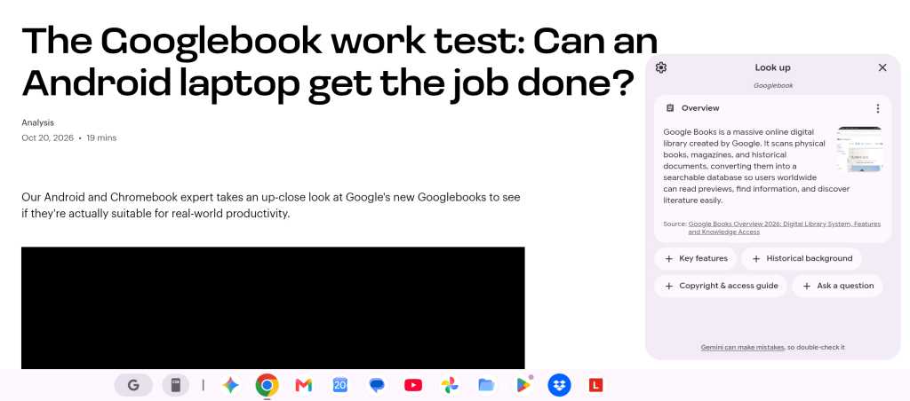 screenshot of googlebook look up feature with gemini overview - with the word googlebook selected, it returns an overview of the google books digital library service