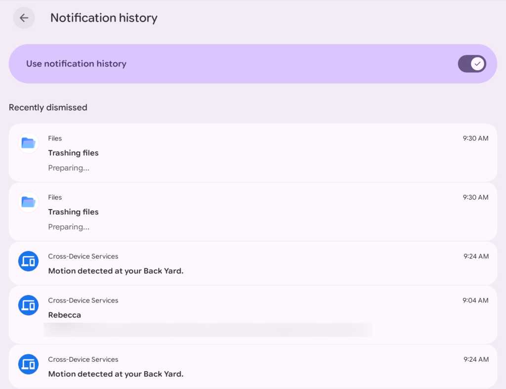 Googlebook features: Notification history