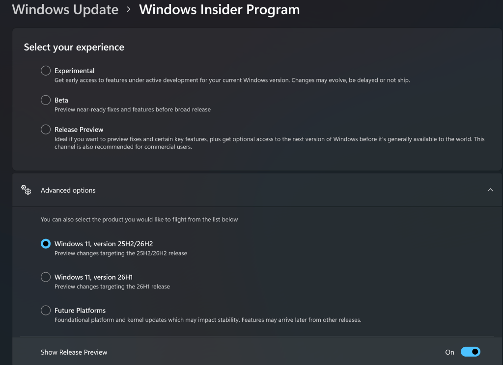 screenshot of windows insider program screen in settings with channel and version options